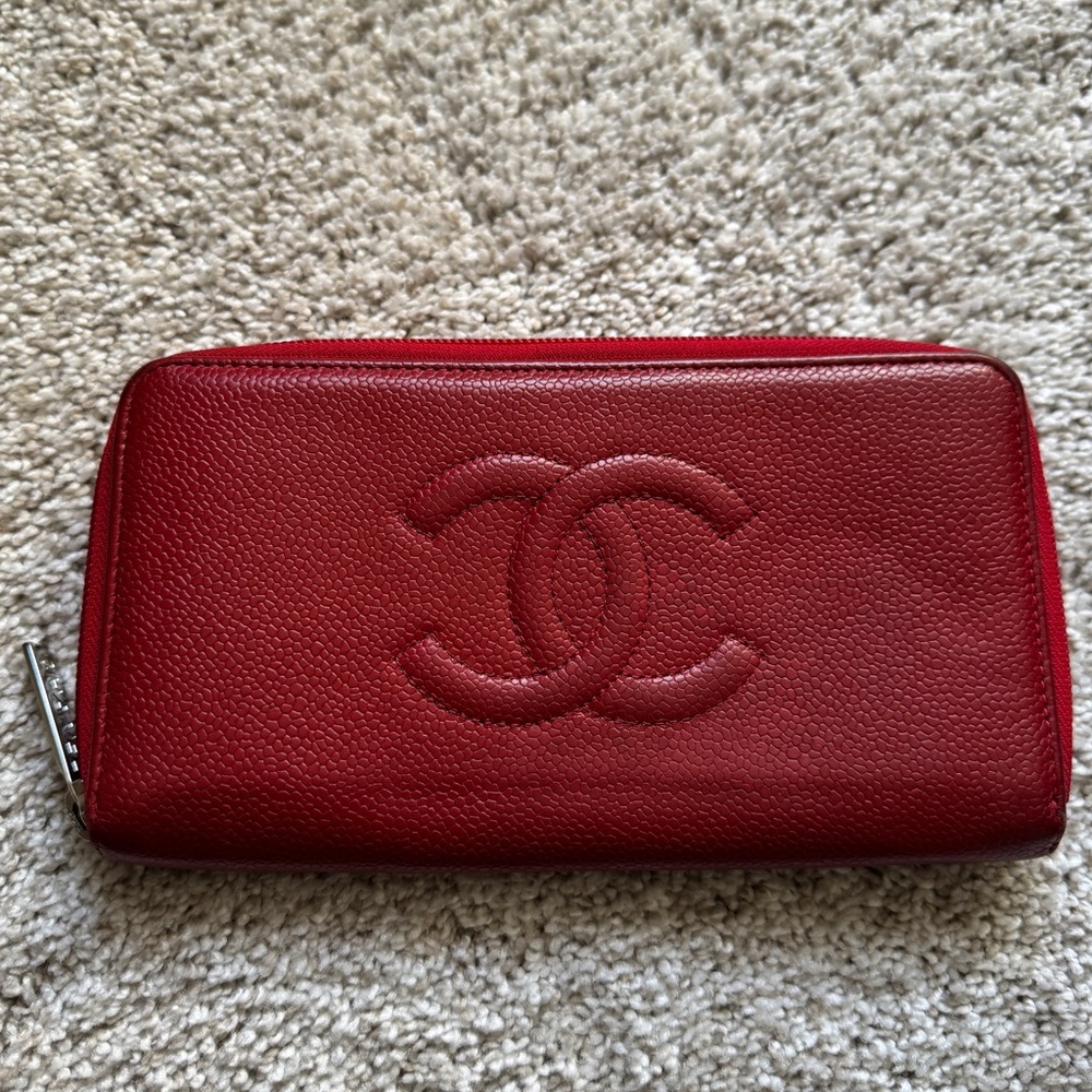 Chanel Red Caviar Large Timeless CC Zip Around Wallet